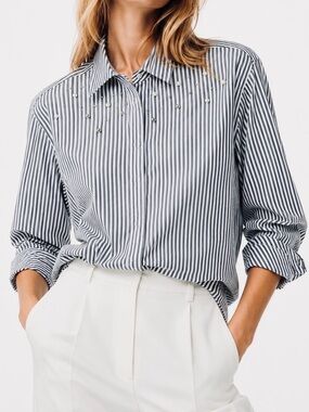 RAILS Taylor Banker Stripe Pearl Accent Button Down Shirt Embellished Top